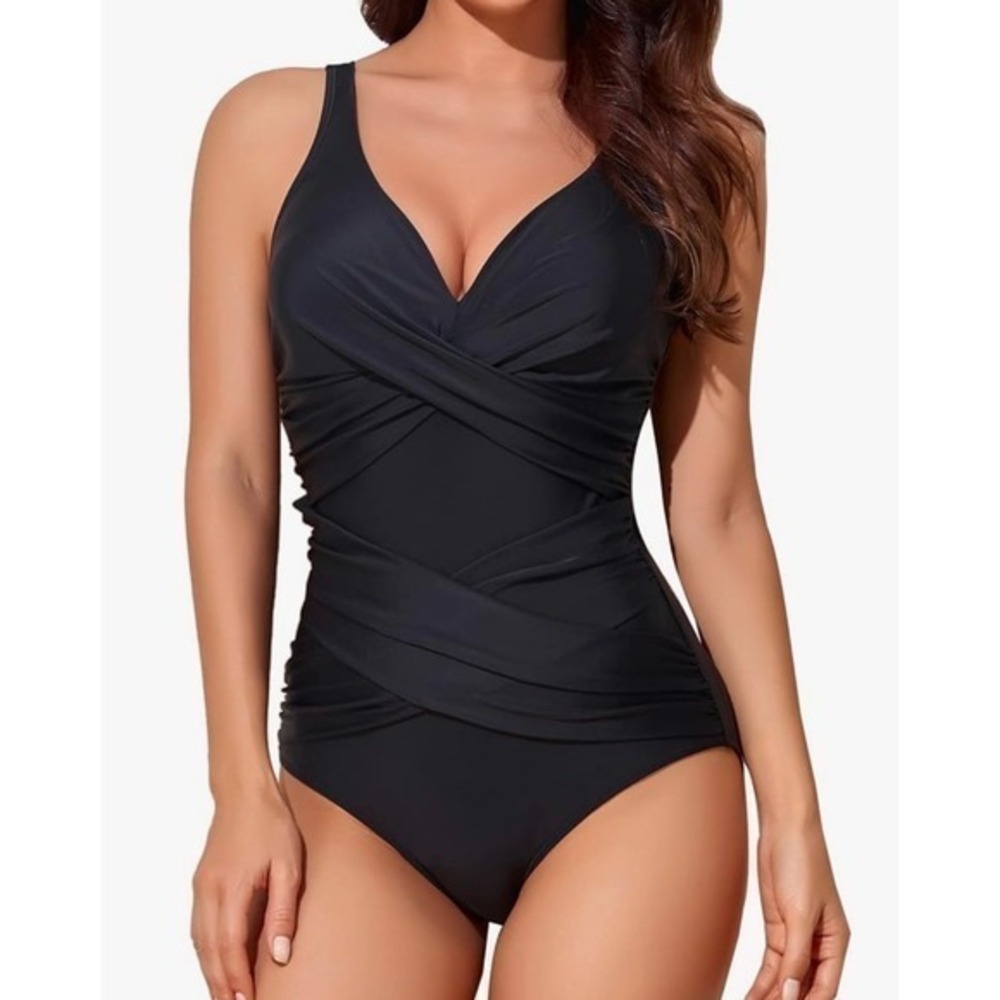 NEW Black Cross Ruched Plus Size‎ XXL One Piece Swimsuit Tummy Control Swimwear